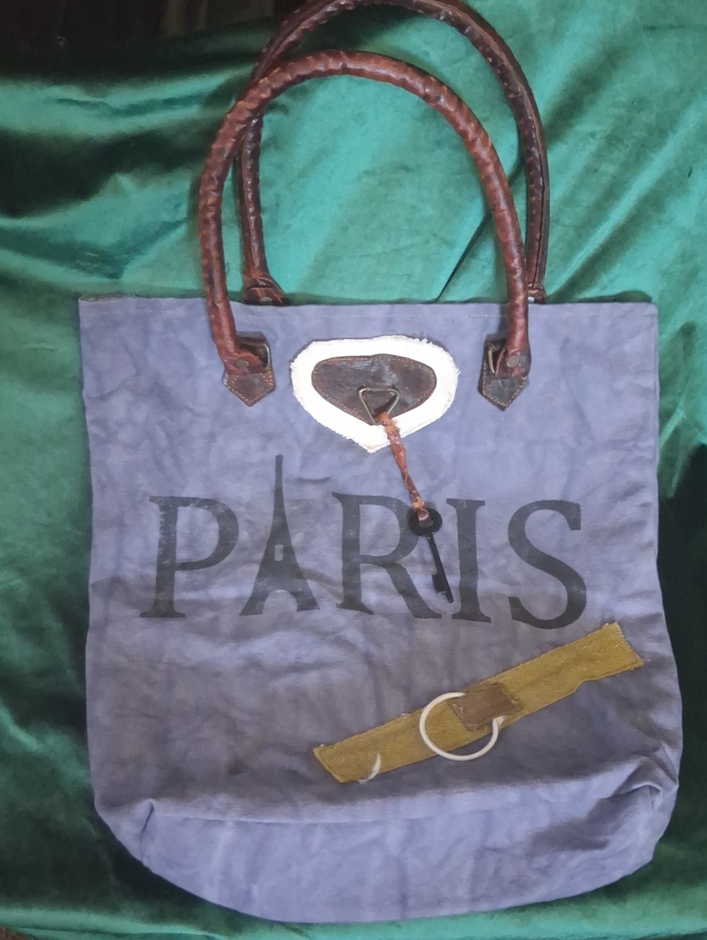 Vintage Style Untitled Paris Canvas Tote Bag in Blue with Brown Leather Handles